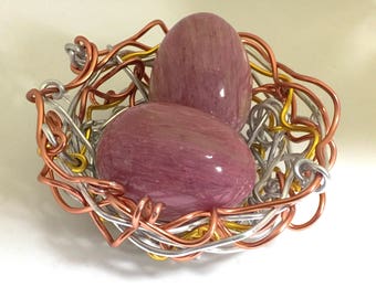 Mixed Metal Wire Bird Nest with Rhodochrosite Eggs