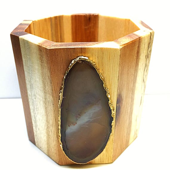 Agate and Acacia Wood Pencil Cup/ Luxury Organizer Desk Accessory/ Valentines Day Gift for HIM/ Executive Office Supplies Catchall Storage