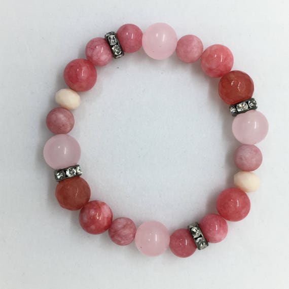 Rose Quartz, Pink Jade & Cherry Agate Gemstone Bracelet, Valentines Day Gift for Her, Boho Healing Bracelet, Gift, Gunmetal Crystal Spacers
