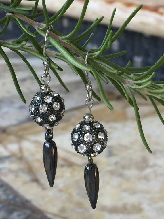 Gunmetal Pave Crystal Earrings, Gunmetal Spike Charm, Gunmetal Crystals Ball, Rhinestone Pave Drop, Crystal Earrings, Gunmetal Ear Wire