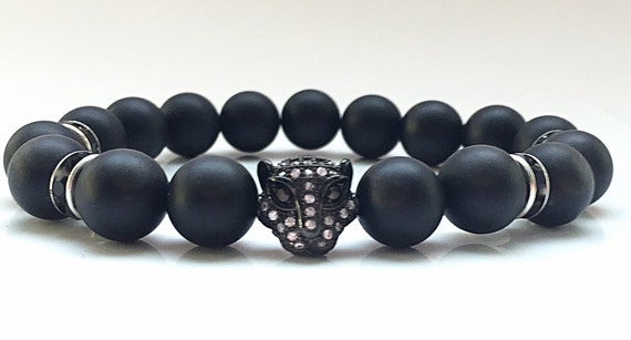 Authentic 11mm CZ Diamond Rhodium Leopard Head with 10mm matte Onyx beads Bracelet and Black Crystal Rondelles, Unisex