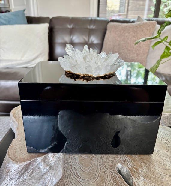 Quartz Crystal Display on X-LARGE Black Lacquer Box - Tabletop Home Decor