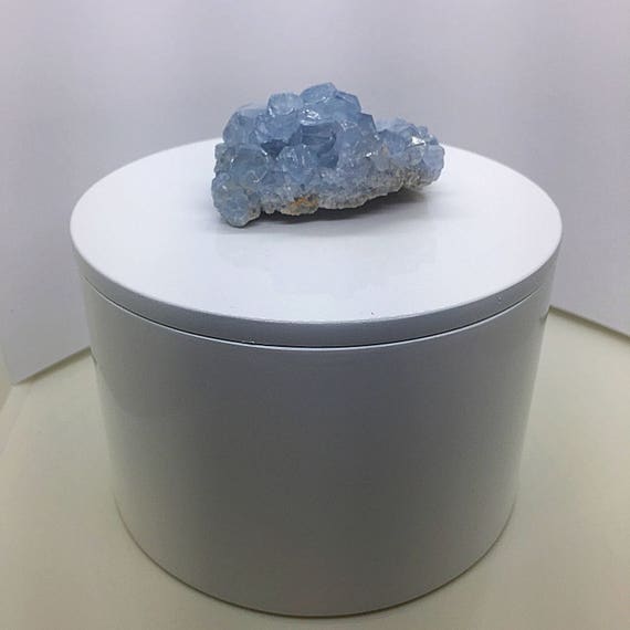 Blue Birthstone Round White Keepsake Box | Gemstone Box | Blue Celestite Gemstone Box | Jewelry Box | Vanity storage | Wedding Gift