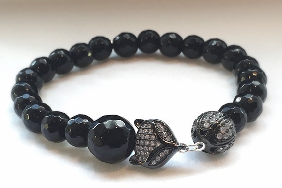 Fox Bracelet Fox Charm Black Onyx Bracelet Gemstone Bracelet Black Bracelet Beaded Bracelet Black Onyx Jewelry Stretch Bracelet Unisex  Gift