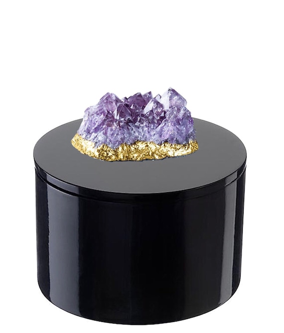 Amethyst Cluster Gemstone Storage Box - Round Black Lacquer Jewelry Box - Vanity and Desk Accessory- Wellness Gift- Natural Home Decor