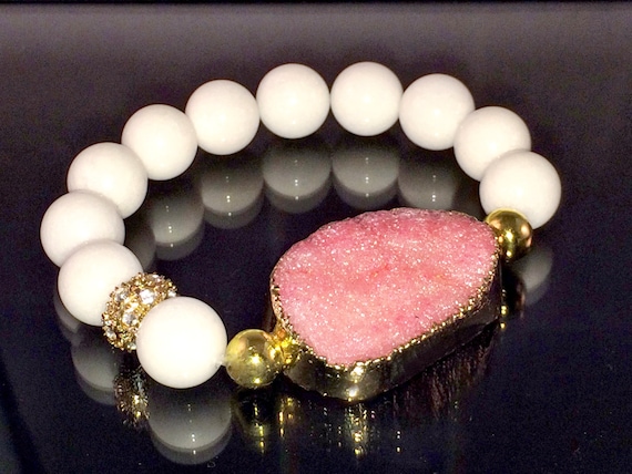 Large Pink Druzy Quartz Bracelet, edged in Gold with 12mm White Jade beads and one Gold Pave bead stretch Bracelet