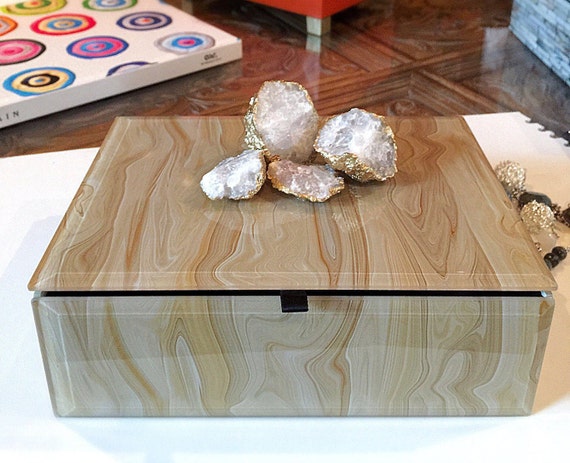 Natural cracked Quartz Crystal collection edged in Gold Leaf, Glass Marbled Jewelry Box, lined and hinged.