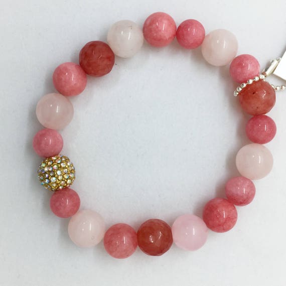 Rose Quartz, Pink Jade, Cherry Agate Bracelet, Aurora Borealis, Valentines Day Gift for Her, Gold AB Pave Bead, Pastel Boho Healing Bracelet