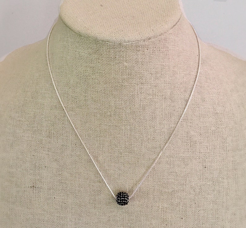 Minimalist Silver plated Jet Black Pave Ball Necklace, Jet Pave Jewelry, Black Pave, Silver plated Snake Chain, Men's or Women's jewelry image 2