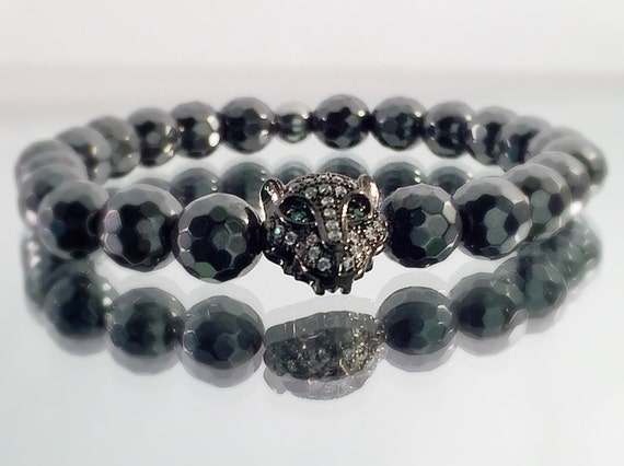 Hematite Bracelet, Black Leopard Head, CZ diamond Bracelet, faceted Black Hematite beads, Men's or Women's Bracelet