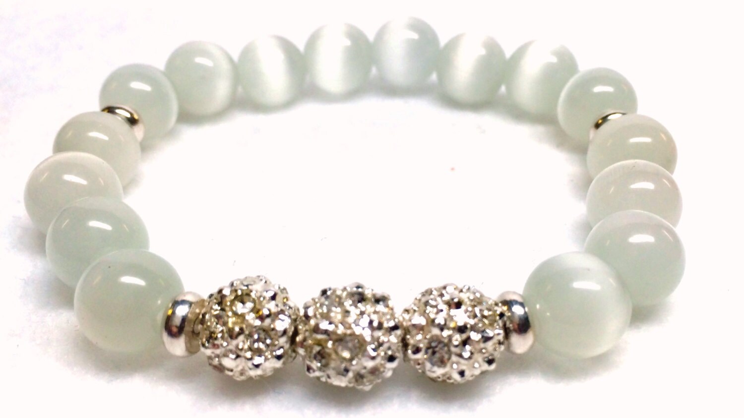 White bracelet Cat's Eye beaded Silver Crystal bracelet Etsy