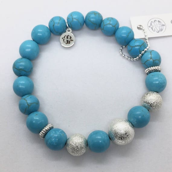 Turquoise Howlite and Silver Stardust Beads Stretch Bracelet, Valentines Day Gift Friendship Stone Turquoise Boho Yoga healing jewelry