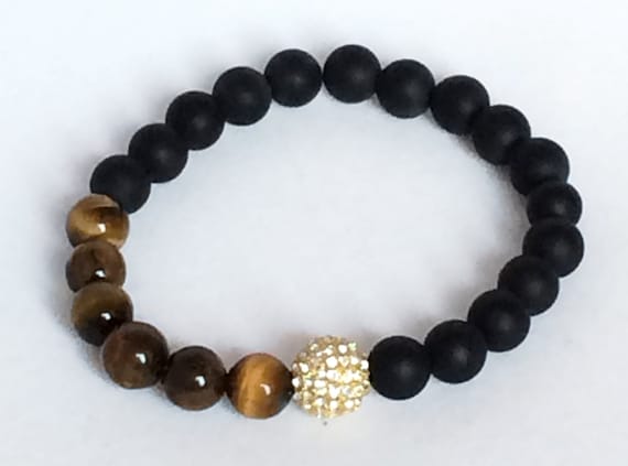 Tiger Eye and Onyx Bracelet, Gold Cz Pave Bead, Black Onyx, Tiger Eye Beads Jewelry, Onyx Jewelry, Boho, Men, Women, Gemstone Jewelry