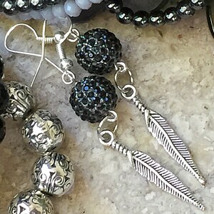 Black Jet Pave Crystal Earrings, Silver Feather Charm, Black Dangle Earring, Boho Pave Drop Earrings, Pave Dangle Earrings, Silver EarWires image 2