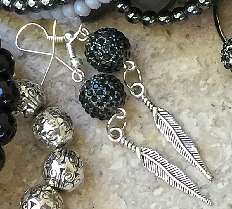 Black Jet Pave Crystal Earrings, Silver Feather Charm, Black Dangle Earring, Boho Pave Drop Earrings, Pave Dangle Earrings, Silver EarWires image 2