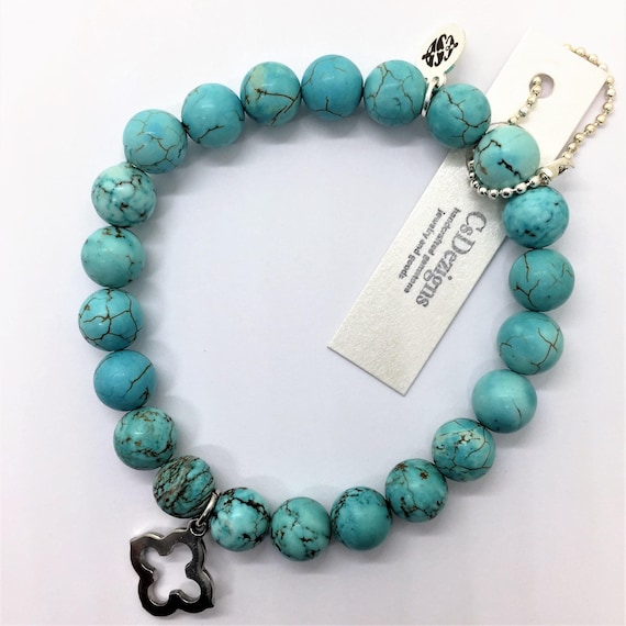 Turquoise Beads Stretch Bracelet, Stainless Steel Charm Quatrefoil Good Luck Clover Friendship Jewelry, Phi Mu boho yoga healing jewelry