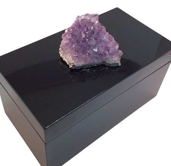 Large Black Lacquer Decorative Box w/ Amethyst Crystal Cluster Druzy. Wellness Energy, Birthstone, Office/Home Decor Storage, Stash box-Gift