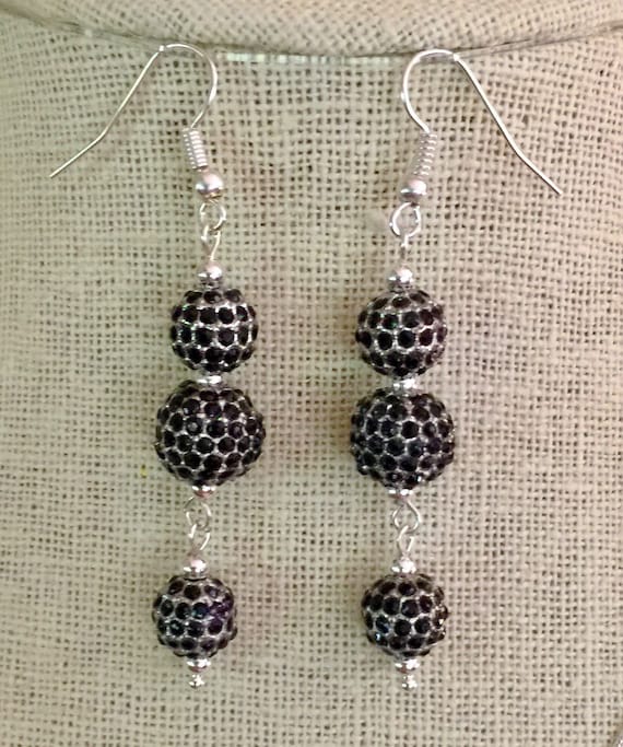 Triple Jet Black Pave Crystal Dangle Earrings, Black Silver Drop Earrings, Gold CZ Pave Earrings