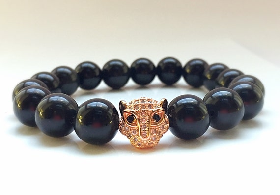 18kt Rose Gold Leopard Head, 11mm CZ Diamond Bead With 10mm Glossy Black Onyx Bracelet, Black Onyx Beads, Men's or Women's