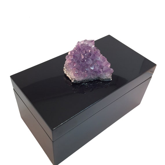 Black Lacquer Storage Box with Amethyst Druzy, gemstone decorative box, Home Decor, Valentines Day Gift, birthstone, display accent Storage