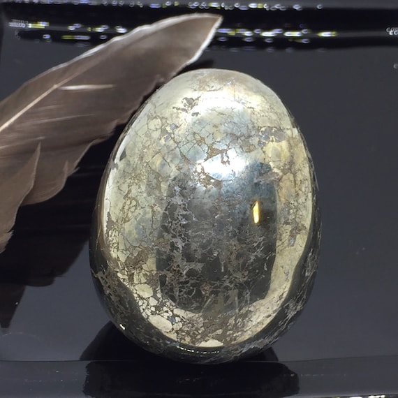 Large Pyrite Gemstone Egg- Hand carved and polished. Healing and energizing office and home decor. Collectible gift idea.