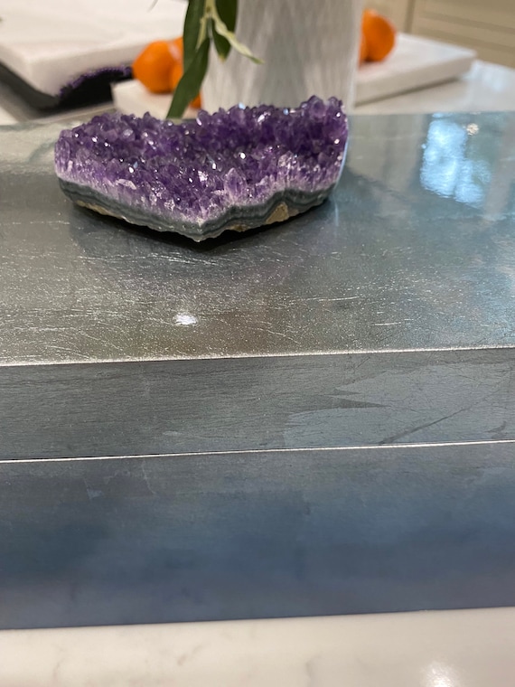 XX-Large Tabletop Display Storage Box, featuring a  Amethyst Geode Cluster, Stunning Ombré Blue to Silver lacquer finish.