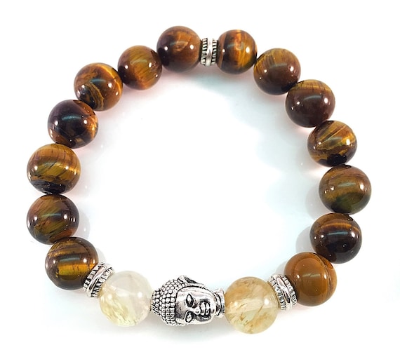 Yoga Buddha Tiger Eye beads w Pewter Buddha Smokey Quartz beads Unisex Bracelet