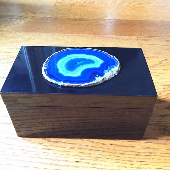 Blue Agate | Black Lacquer Storage Box, luxe crystal geode slice coffee table display, home gemstone decor, great gift!