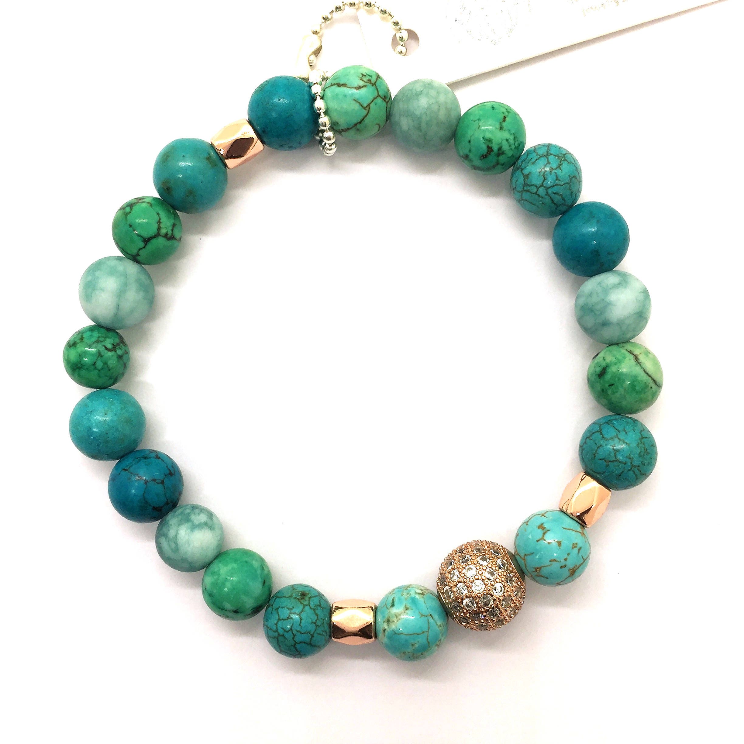 Mixed Turquoise & Rose Gold Pave Bead Bracelet, Valentines Day Gift for ...