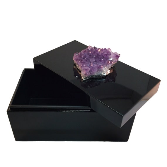 Black Lacquer Decorative Storage Box with Amethyst Crystal Cluster Druzy, Home Decor Box, POWERFUL ENERGY, Birthstone, Valentine’s Gift