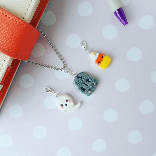 Halloween charm, ghost charm, tombstone charm, candy corn charm, polymer clay charm, planner charm, kawaii charm, bag charm TN planner charm