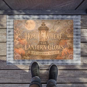 Doormat — "Home Is Where the Lantern Glows" Vintage Lantern Pumpkin Fall Welcome Mat | Simply Home™ by Old Soul