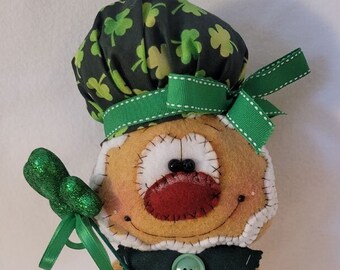 Cute Handmade Gingerbread Doll - Standing Gingerbread Girl - White Felt Icing -Black Shamrock Print Baker's Hat - Glittered Shamrock Pick