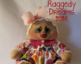 Handmade Gingerbread Doll - Extra Large Sitting Gingerbread Girl - Brown Anti Pill Fleece - White Donut Print Dress