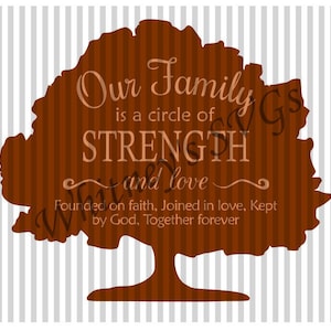 Può includere: Una silhouette marrone di un albero con il testo "Our Family is a circle of STRENGTH and love. Founded on faith, Joined in love, Kept by God, Together forever."