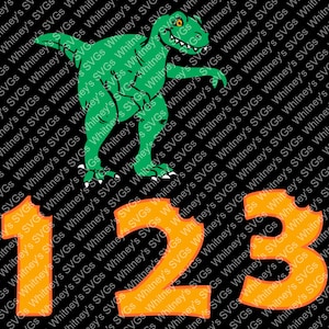 May include: A green dinosaur with yellow eyes stands on top of the number 123, which is orange with a black outline.