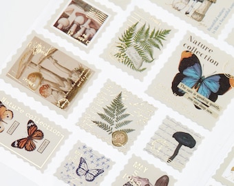 Gold Foiled Nature Stickers - 30 Vintage Style Botanical Stamp Stickers for Art Journals, Paper Crafts, Scrapbooking, Butterfly, Fungi, Fern