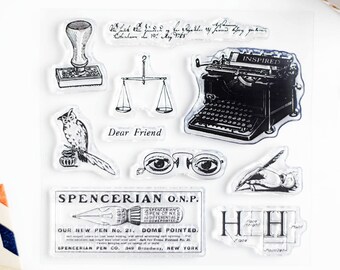 Set of Clear Rubber Stamps, Vintage Writing with Typewriter, Pen *SHOP EXCLUSIVE* for Paper Crafts, Scrapbooking, Junk Journal 4x4 in