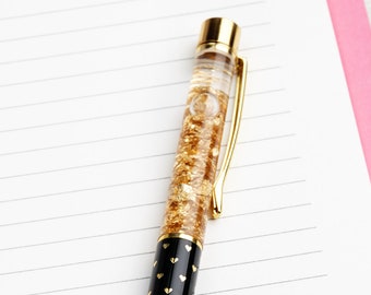 Gold Floating Foil Ballpoint Pen with Embossed Hearts, Black - Stationery, Desk Accessory, Writing Tools, Planner Accessories, Liquid