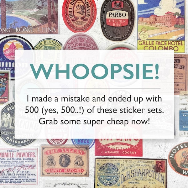 Whoopsie Inventory: Washi Sticker Set with Various Vintage Labels Like Hotels, Beer, Vinegar, Matches, Sauce, Baggage