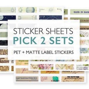 May include: Two sets of sticker sheets, one with a celestial theme and the other with a floral theme. The sticker sheets are labeled "Sticker Sheets Pick 2 Sets" and "Pet + Matte Label Stickers".