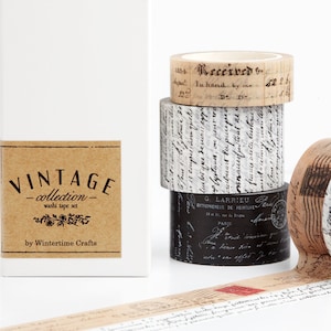 Script Washi Tape Set *SHOP EXCLUSIVE* Vintage Collection 5 Rolls Masking Tapes by Wintertime Crafts for Scrapbooking, Journaling, Gift Set