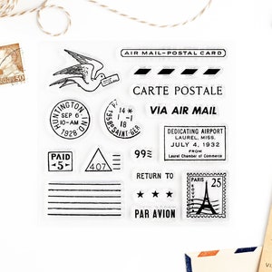 Set of Clear Stamps, Carte Postale and Air Mail Stamp *SHOP EXCLUSIVE* for Paper Crafts, Scrapbooking, Art Journaling, Paris Postcard 4x4 in