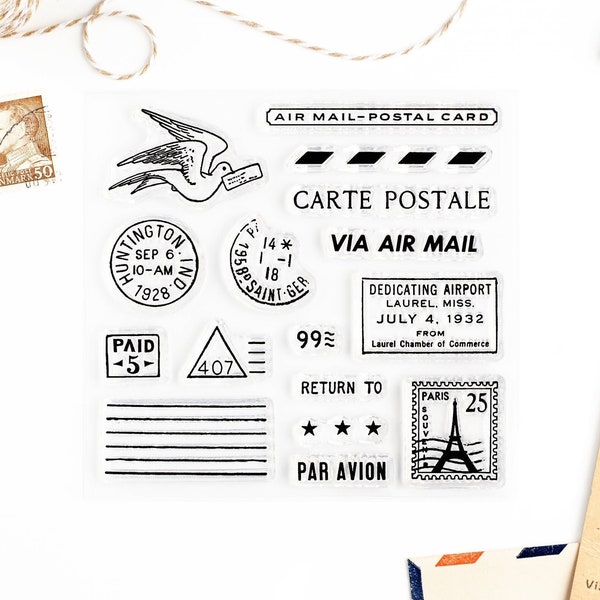 Set of Clear Stamps, Carte Postale and Air Mail Stamp *SHOP EXCLUSIVE* for Paper Crafts, Scrapbooking, Art Journaling, Paris Postcard 4x4 in