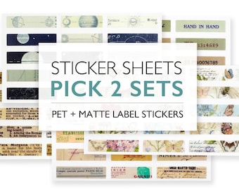 Label Sticker Sheets - PET and Matte 120 Vintage Style Retro Stickers for Art Journaling, Scrapbooking, Paper Crafts, Maps, Butterflies