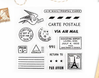 Set of Clear Stamps, Carte Postale and Air Mail Stamp *SHOP EXCLUSIVE* for Paper Crafts, Scrapbooking, Art Journaling, Paris Postcard 4x4 in