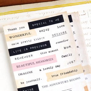 May include: A stack of paper ephemera with phrases like "Thank you," "Life is Precious," and "Beautiful Memories." The paper is accented with black, pink, and beige labels, and a vintage postage stamp. The theme is scrapbooking and memory keeping.