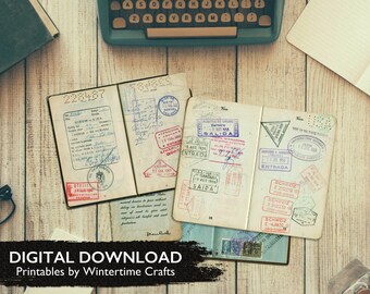 Printable Vintage Passport Pages with Stamps - Ephemera Digital Download, Junk Journaling, Scrapbooking, Mixed Media, Traveler's Notebook