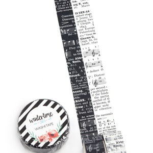 Washi tape with details from a vintage music dictionary. Choose between a black or white background.