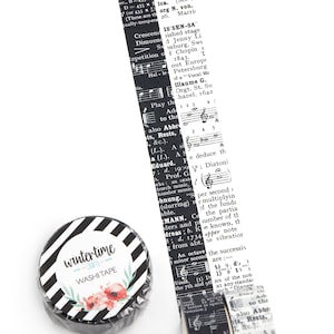 Washi tape with details from a vintage music dictionary. Choose between a black or white background.